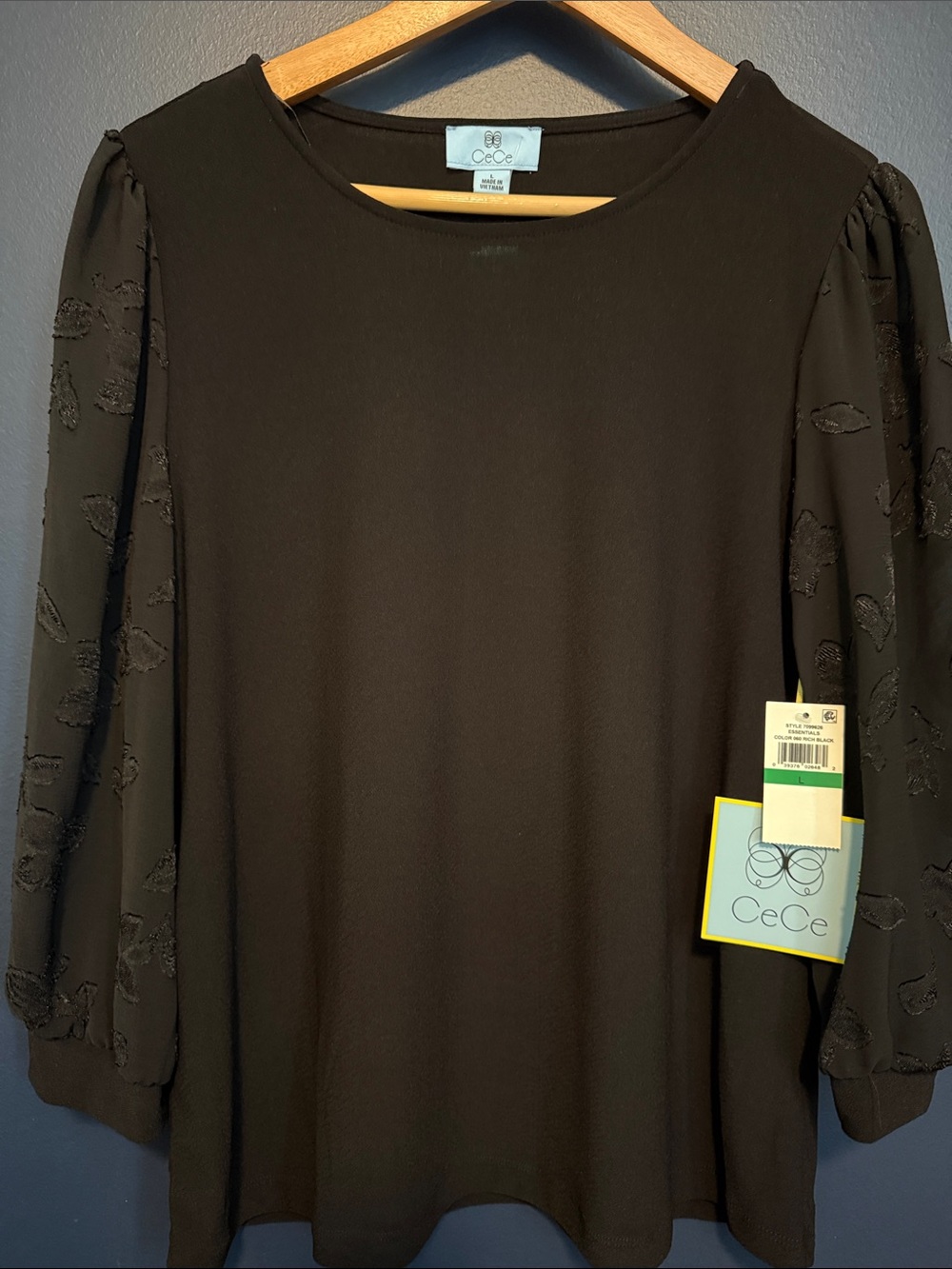 CeCe Black Puff-Sleeve Blouse with Sheer Floral Sleeves
